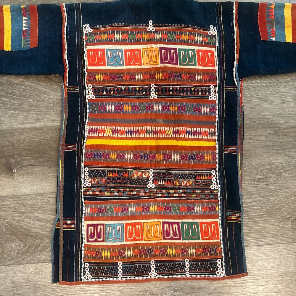Vintage Thai Hill Tribe Hmong Indigo Embroidered Kimono Jacket Top One Size